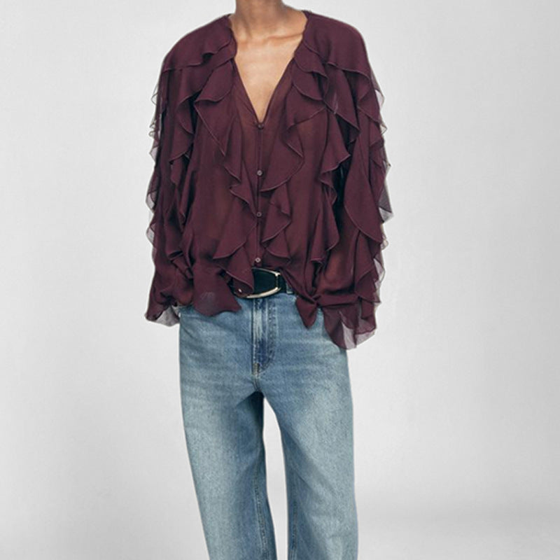 Women’s Blouse – Loose Fit – Chiffon Feel – V-Neck – Ruffle Detail – Button Down