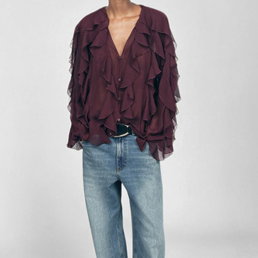 Women’s Blouse – Loose Fit – Chiffon Feel – V-Neck – Ruffle Detail – Button Down