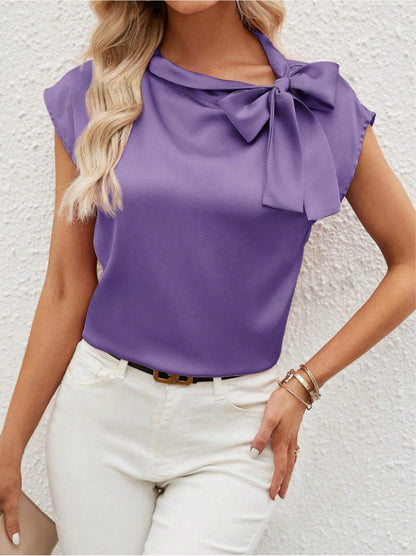 Women’s Blouse – Relaxed Fit – Luxury Fabric – Bow Neck – Half Collar – Cap Sleeve