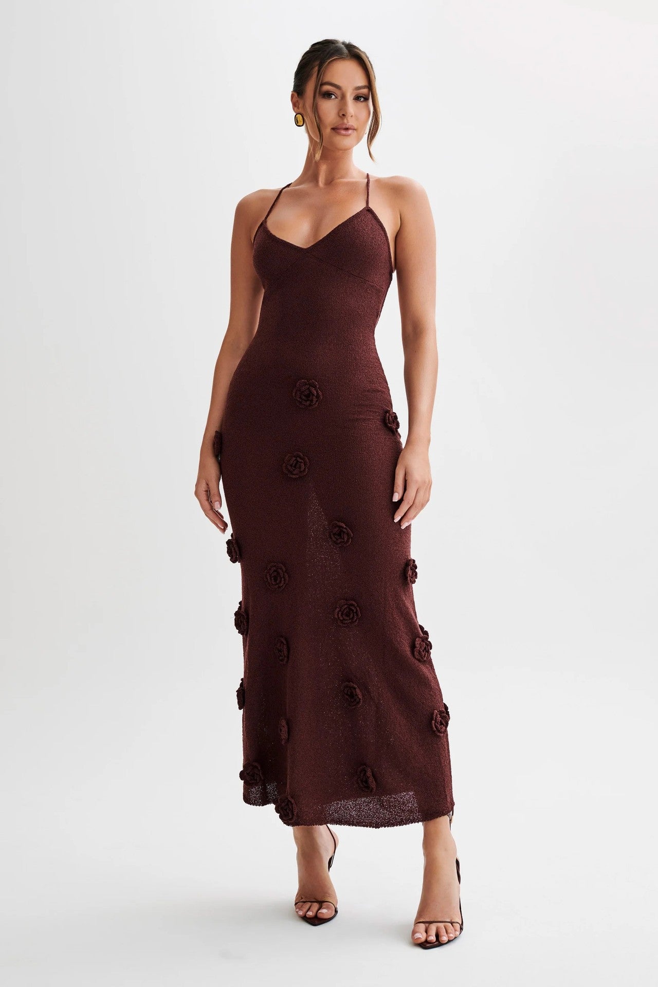 Women’s Slip Dress – Slim Fit – Knit Fabric – 3D Floral Detail – Open Back Tie