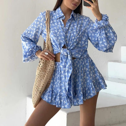 Women’s Two-Piece Set – Tie-Front Shirt – High-Waist Ruffle Shorts – Breathable Blend