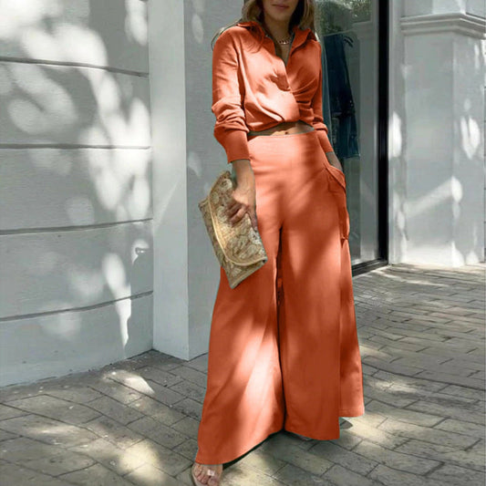 Women’s Two-Piece Set – Cropped Button Shirt – High-Waisted   Wide Leg Pants