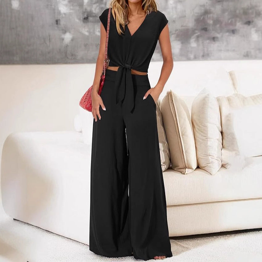 Women’s Two-Piece Set – V-Neck Tie-Front Cropped Top – High-Waist Wide-Leg Pants with Pockets