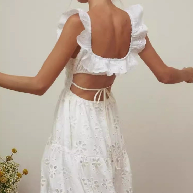 Women’s Sleeveless Dress – Cotton Eyelet – Ruffled Straps – Smocked Bodice – High Slit