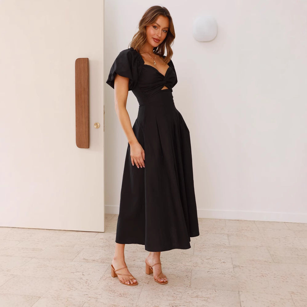 Women’s Long Dress – Fit and Flare – Puff Sleeve – V-Neck – Lightweight Breathable Fabric