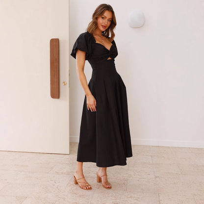 Women’s Long Dress – Fit and Flare – Puff Sleeve – V-Neck – Lightweight Breathable Fabric