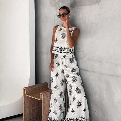 Women’s Two-Piece Set – Cropped Sleeveless Top – High Waist Wide-Leg Pants – Cotton Linen