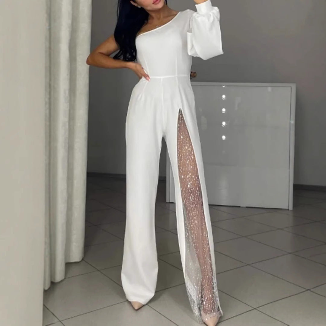 Women’s Jumpsuit – Slim Fit – Asymmetrical Neckline – Sequin Leg Panel – Full Length