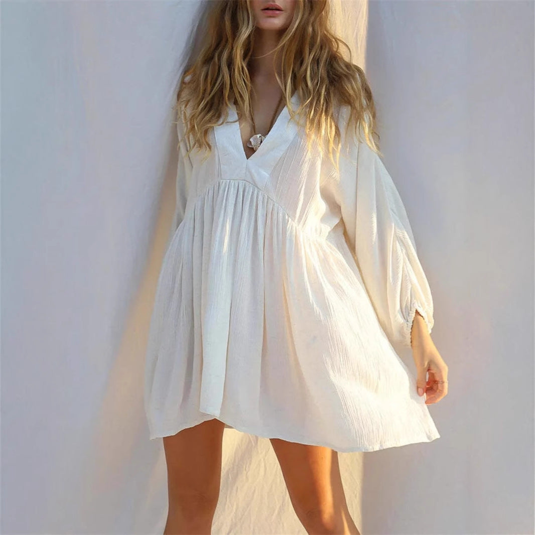 Women’s Mini Dress – Lightweight Sheer Fabric – V-Neck – Long Sleeve – Flowy Fit