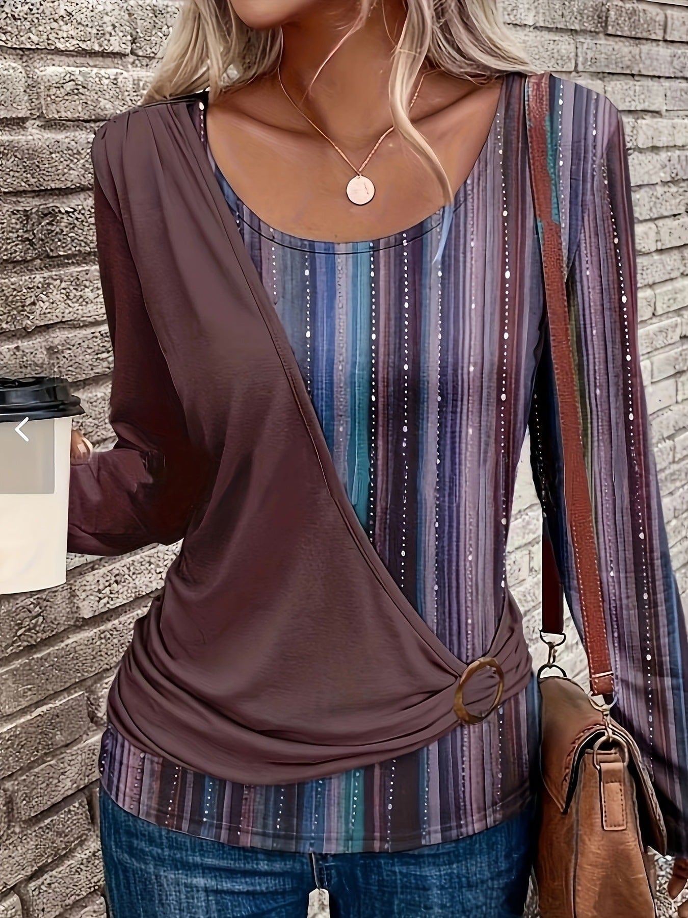Women’s Long Sleeve Top – Relaxed Fit – Knit – Spliced Stripe Detail – Round Neck