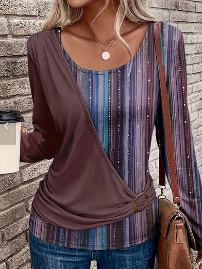 Women’s Long Sleeve Top – Relaxed Fit – Knit – Spliced Stripe Detail – Round Neck