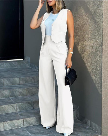 Women’s Two-Piece Set – Structured Fit – Cropped Vest – Button Front – Formal Style