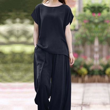 Women’s Two-Piece Set – Loose Fit Blouse – Wide-Leg High-Waist Pants – Lightweight Breathable