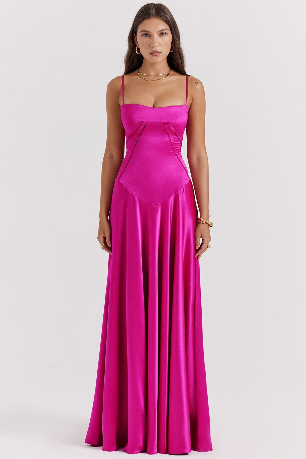 Women’s Midi Dress – Silky Fabric – Slim Fit Bodice – Spaghetti Straps – Elegant Skirt