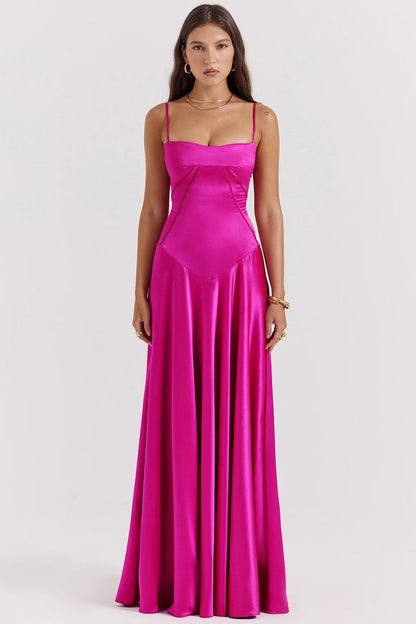 Women’s Midi Dress – Silky Fabric – Slim Fit Bodice – Spaghetti Straps – Elegant Skirt