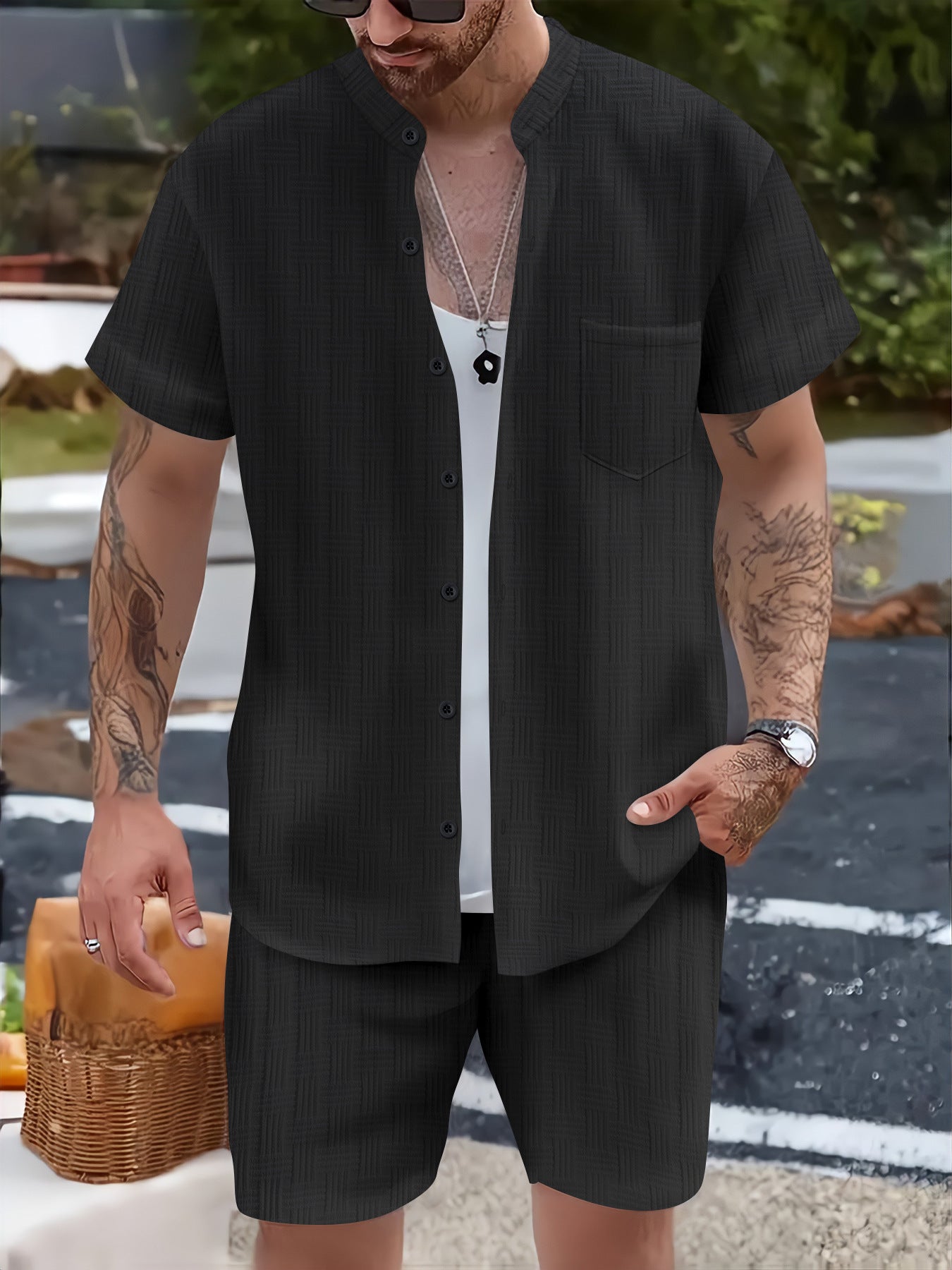 Men’s Casual Set – Henley Shirt and Shorts – Relaxed Fit – Lightweight Breathable Cotton