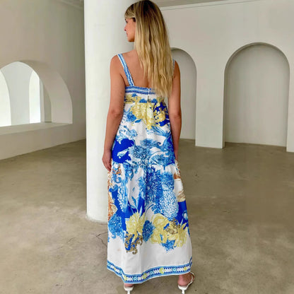 Women’s Sundress – Lightweight Cotton Blend – A-Line Fit – Tiered Printed Maxi Dress