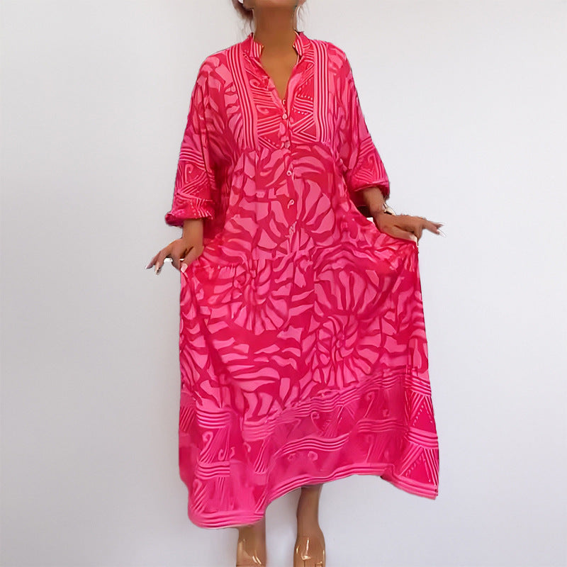 Women’s Midi Dress – Loose Fit – Lightweight Fabric – Printed – Button Front – Rolled Sleeves