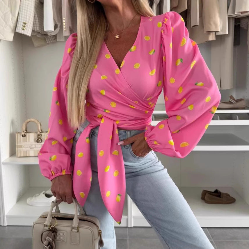 Women’s Wrap Top – Fitted Silhouette – Deep V-Neck – Long Sleeve – Tie Waist – Printed