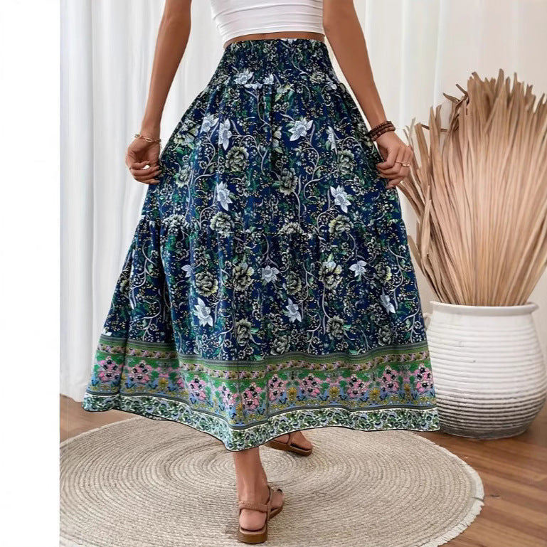 Women’s Long Skirt – Bohemian Floral – Tiered Cotton Blend – Elastic Waist Casual Fit