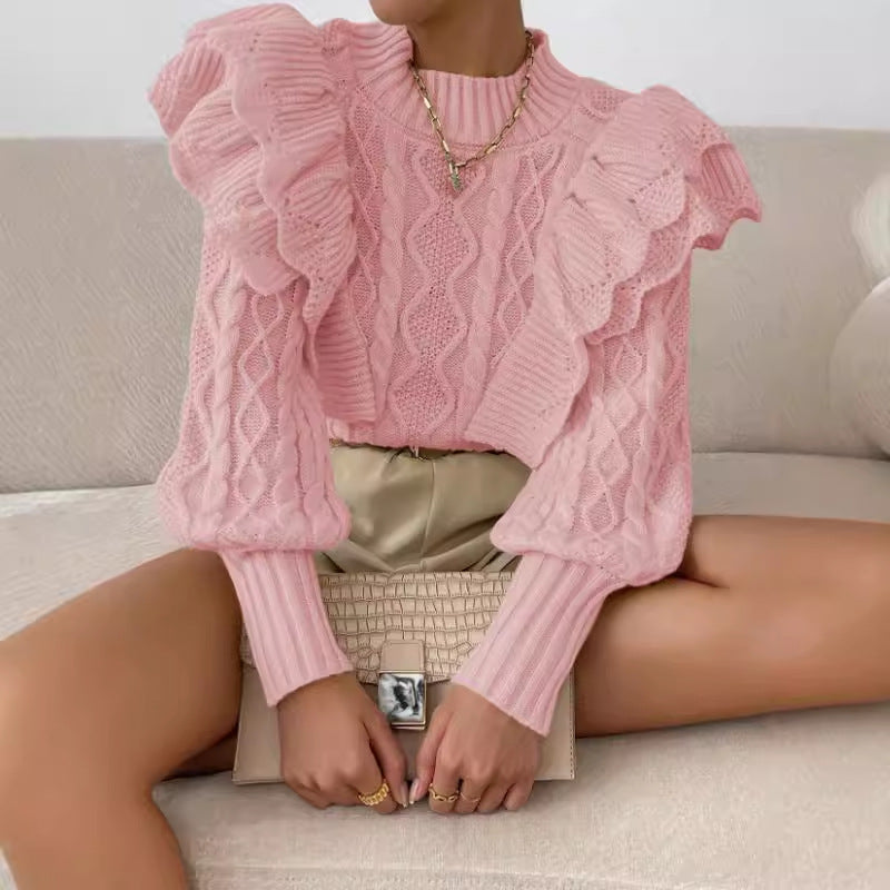 Women’s Knit Sweater – Cable Knit – Cropped Fit – Ruffle Shoulder – Long Sleeve
