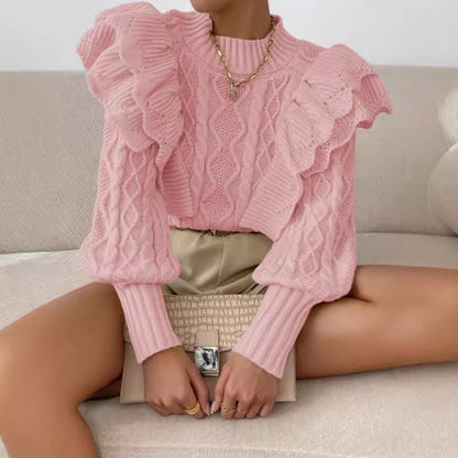 Women’s Knit Sweater – Cable Knit – Cropped Fit – Ruffle Shoulder – Long Sleeve
