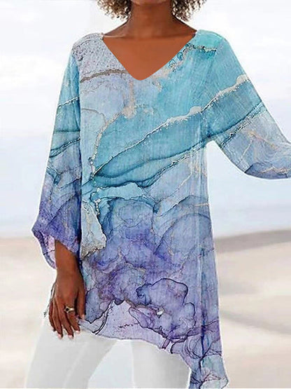 Women’s V-Neck Top – Loose Fit – Long Sleeve – Breathable Blend – Artistic Print