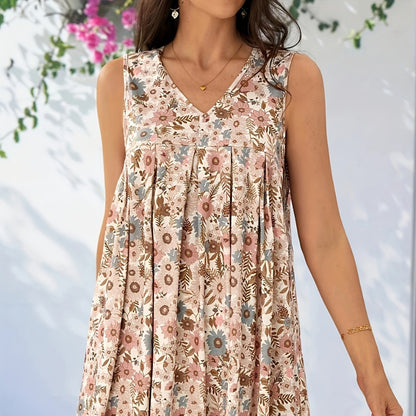 Women's Floral V-Neck Sleeveless Dress - Flowing A-Line