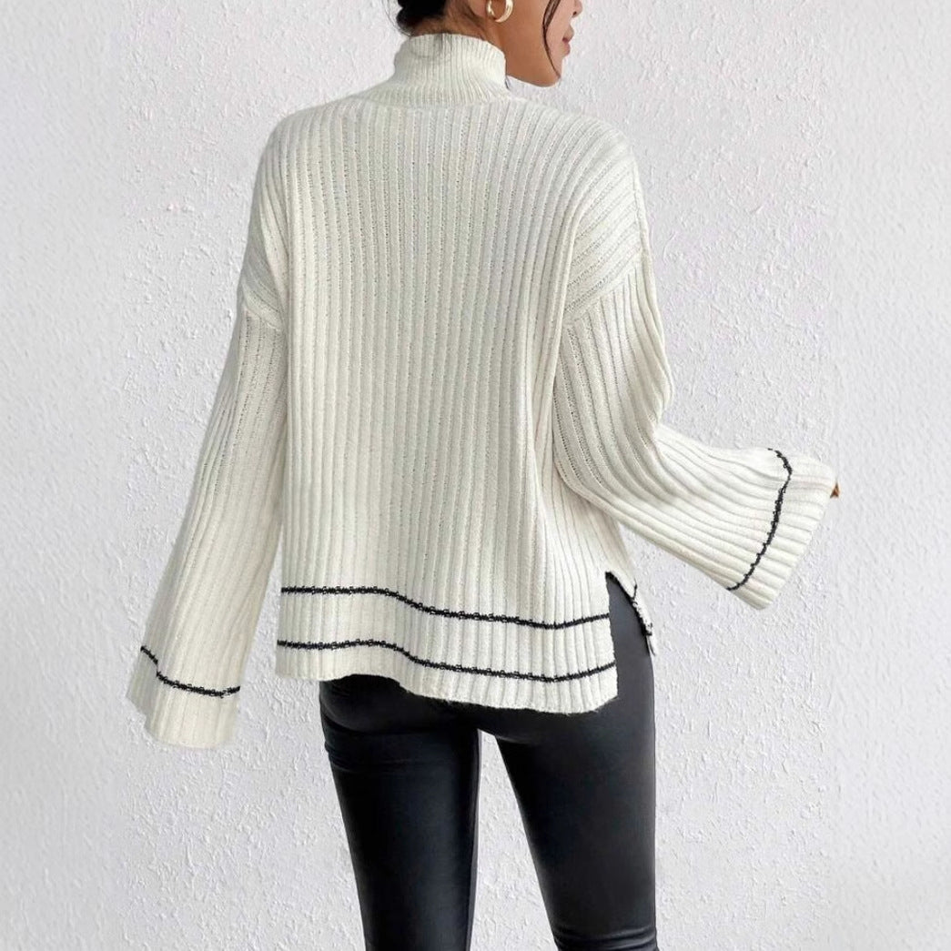 Women’s Knitted Sweater – Oversized Fit – Ribbed Texture – Mock Neck – Flared Sleeve