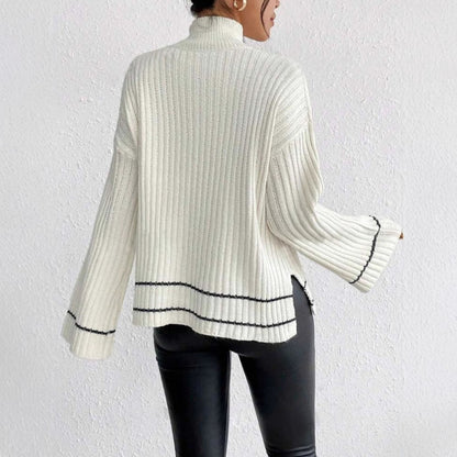 Women’s Knitted Sweater – Oversized Fit – Ribbed Texture – Mock Neck – Flared Sleeve