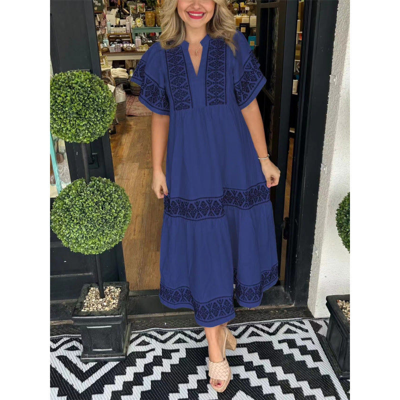 Women’s Midi Dress – Relaxed Fit – V-Neck – Printed Trim – Pleated Hem – Cotton Feel