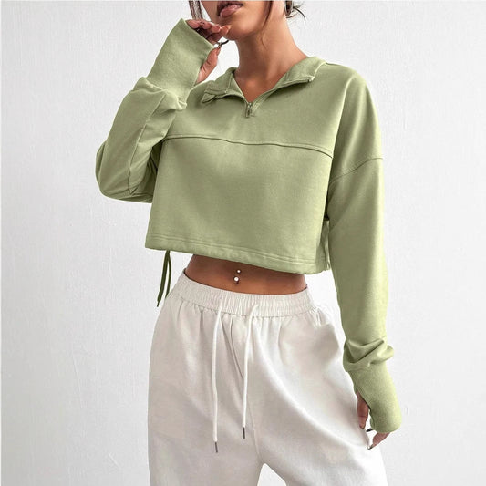 Women’s Cropped Sweatshirt – Relaxed Fit – Zip Neck – Balloon Sleeves