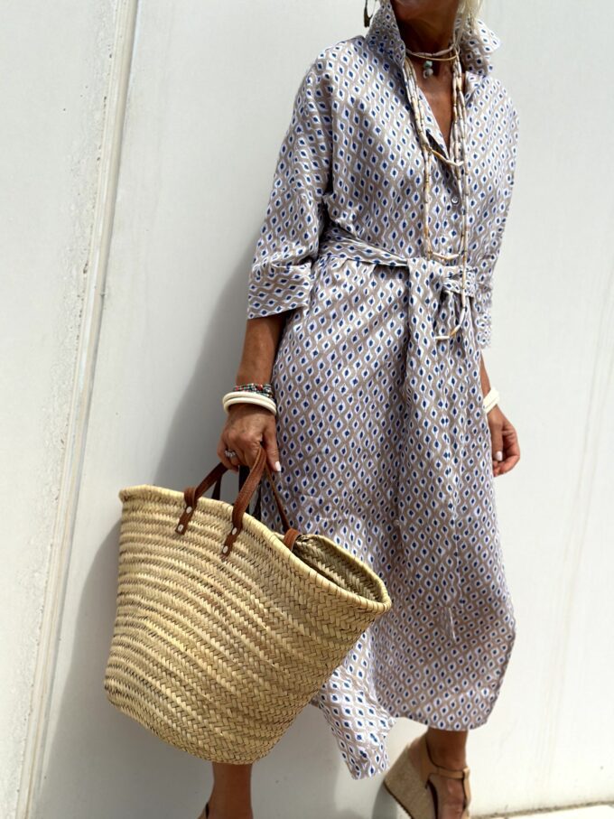Women’s Shirt Dress – Relaxed Fit – Cotton Blend – Geometric Print – Midi Length – Button Down