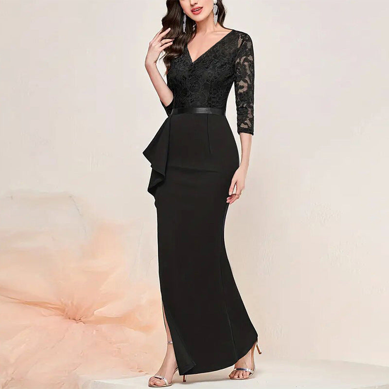 Women’s Formal Dress – Fitted Silhouette – Lace Bodice – High Slit – V-Neck – Ruffle Trim
