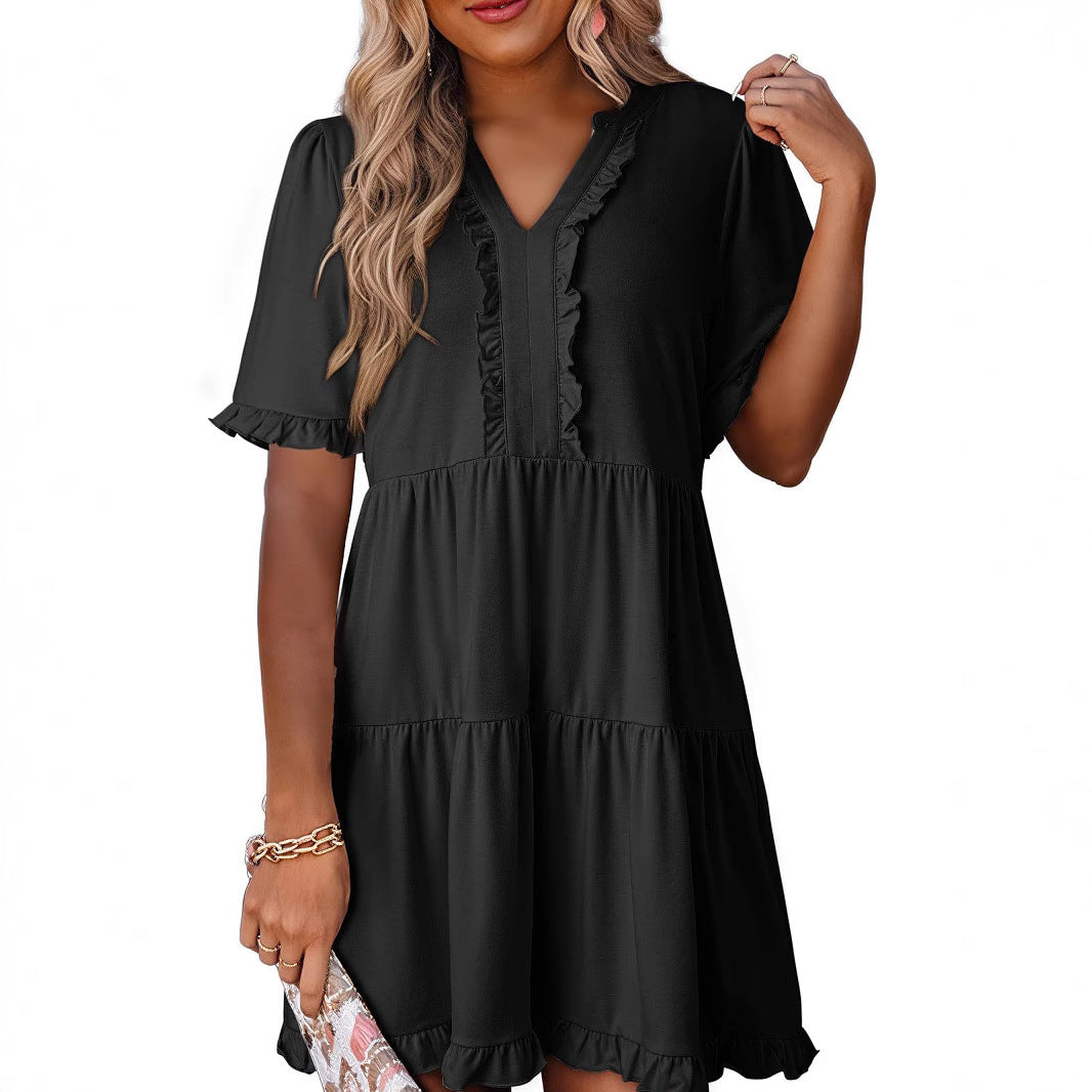 Women’s A-Line Dress – Relaxed Fit – V-Neck – Tiered – Ruffle Sleeve – Lightweight