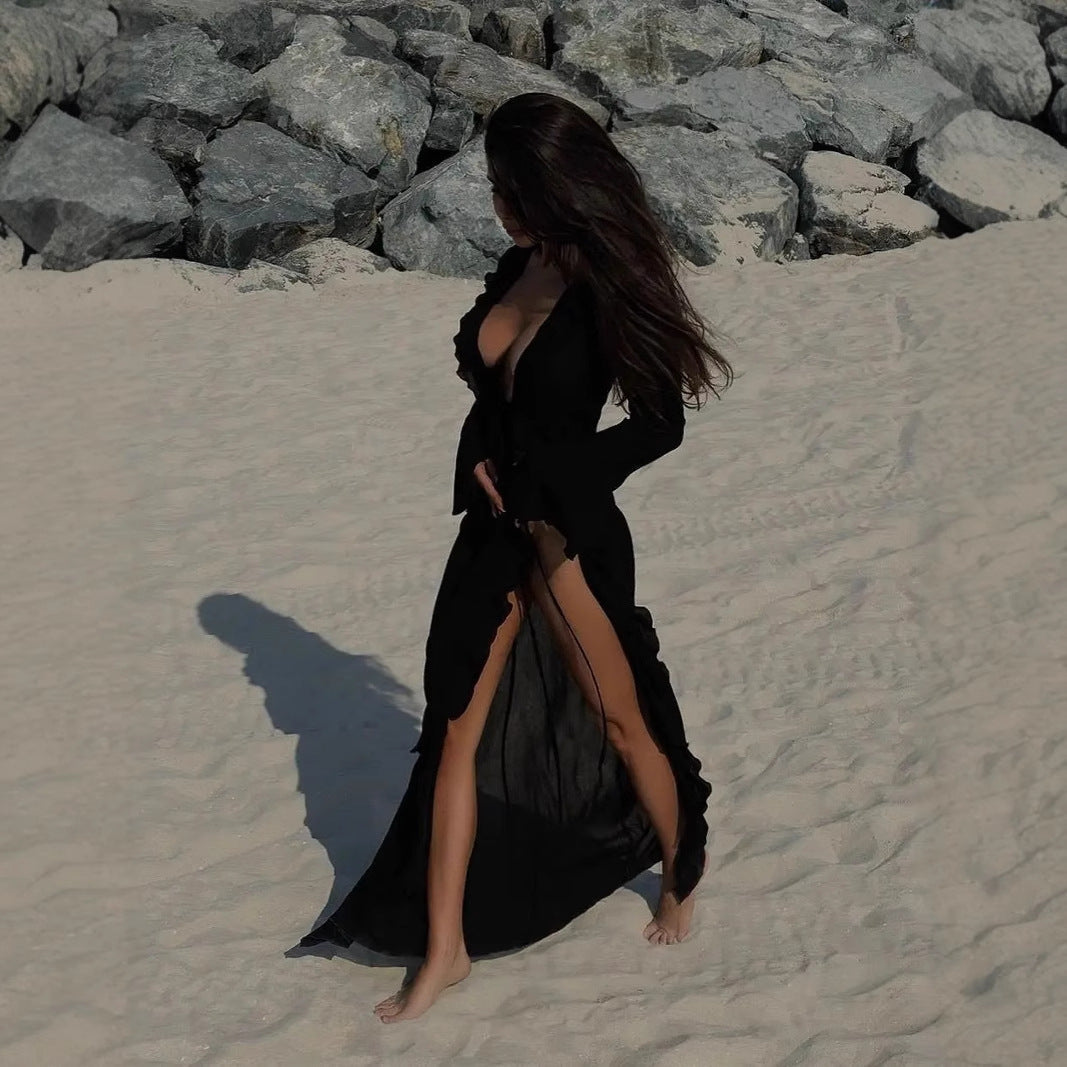 Women’s Cover-Up Dress – Long Sleeve – Ruffled Trim – Sheer Lightweight Open Front