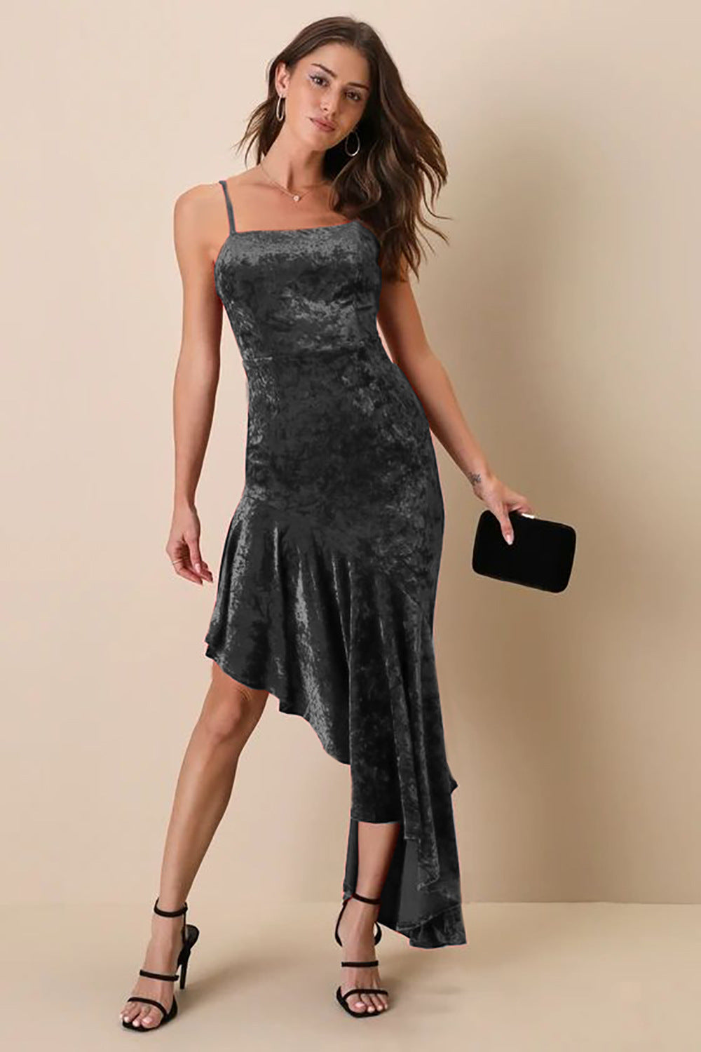 Women’s Maxi Dress – Slim Fit – Velvet Feel – High-Low Hem – Evening Wear