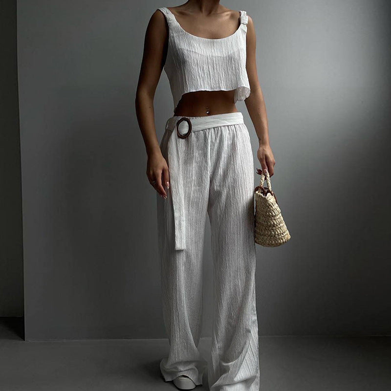 Women’s Two-Piece Set – Crop Top and Wide-Leg Pants – High Waist – Lightweight Fabric