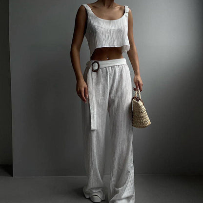 Women’s Two-Piece Set – Crop Top and Wide-Leg Pants – High Waist – Lightweight Fabric