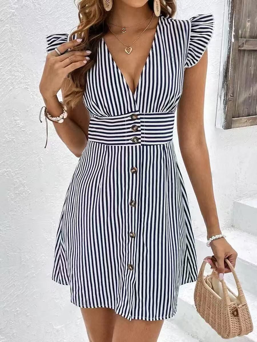 Women’s Midi Dress – A-Line Fit – V-Neck – Ruffle Cap Sleeves – Button Front – Striped