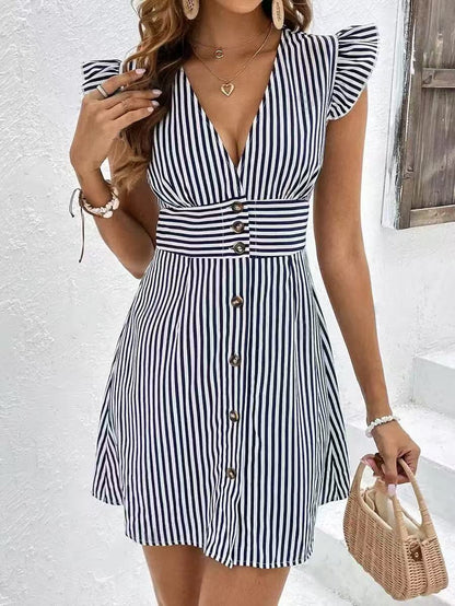 Women’s Midi Dress – A-Line Fit – V-Neck – Ruffle Cap Sleeves – Button Front – Striped
