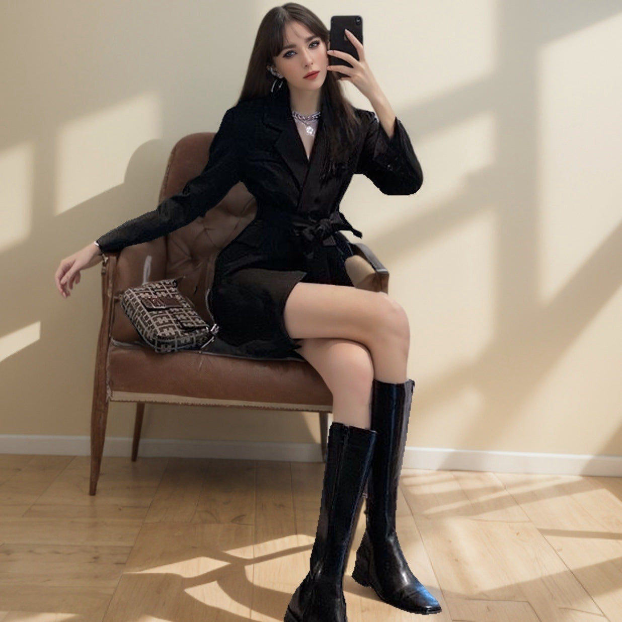 Women’s Blazer – Slim Fit – Waist Tie – V-Neck – Mid-Length – Long Sleeve Tailored