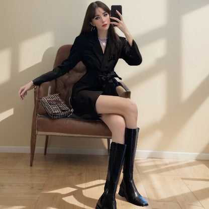 Women’s Blazer – Slim Fit – Waist Tie – V-Neck – Mid-Length – Long Sleeve Tailored