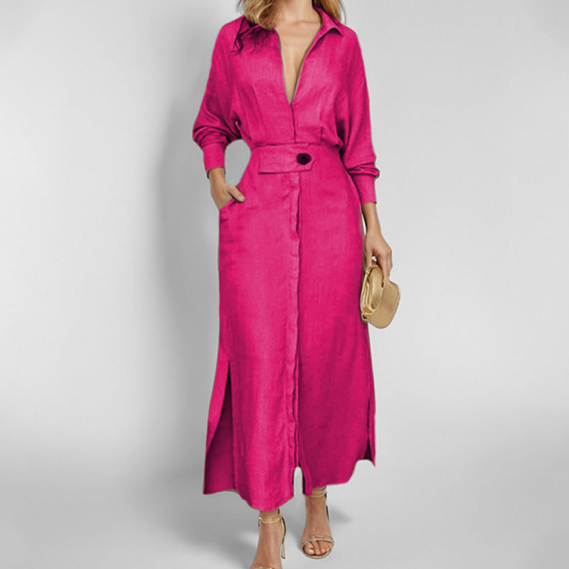Women’s Shirt Dress – Tailored Fit – V-Neck – Linen – Asymmetrical Hem – Long Sleeve