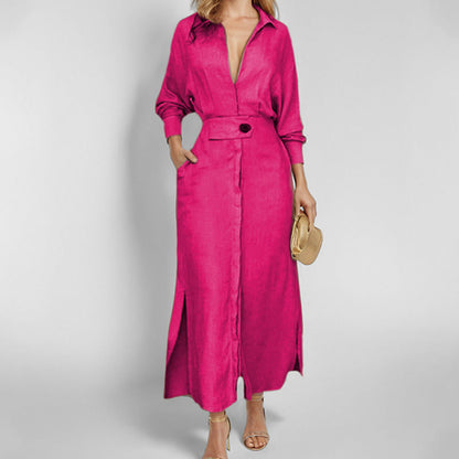 Women’s Shirt Dress – Tailored Fit – V-Neck – Linen – Asymmetrical Hem – Long Sleeve