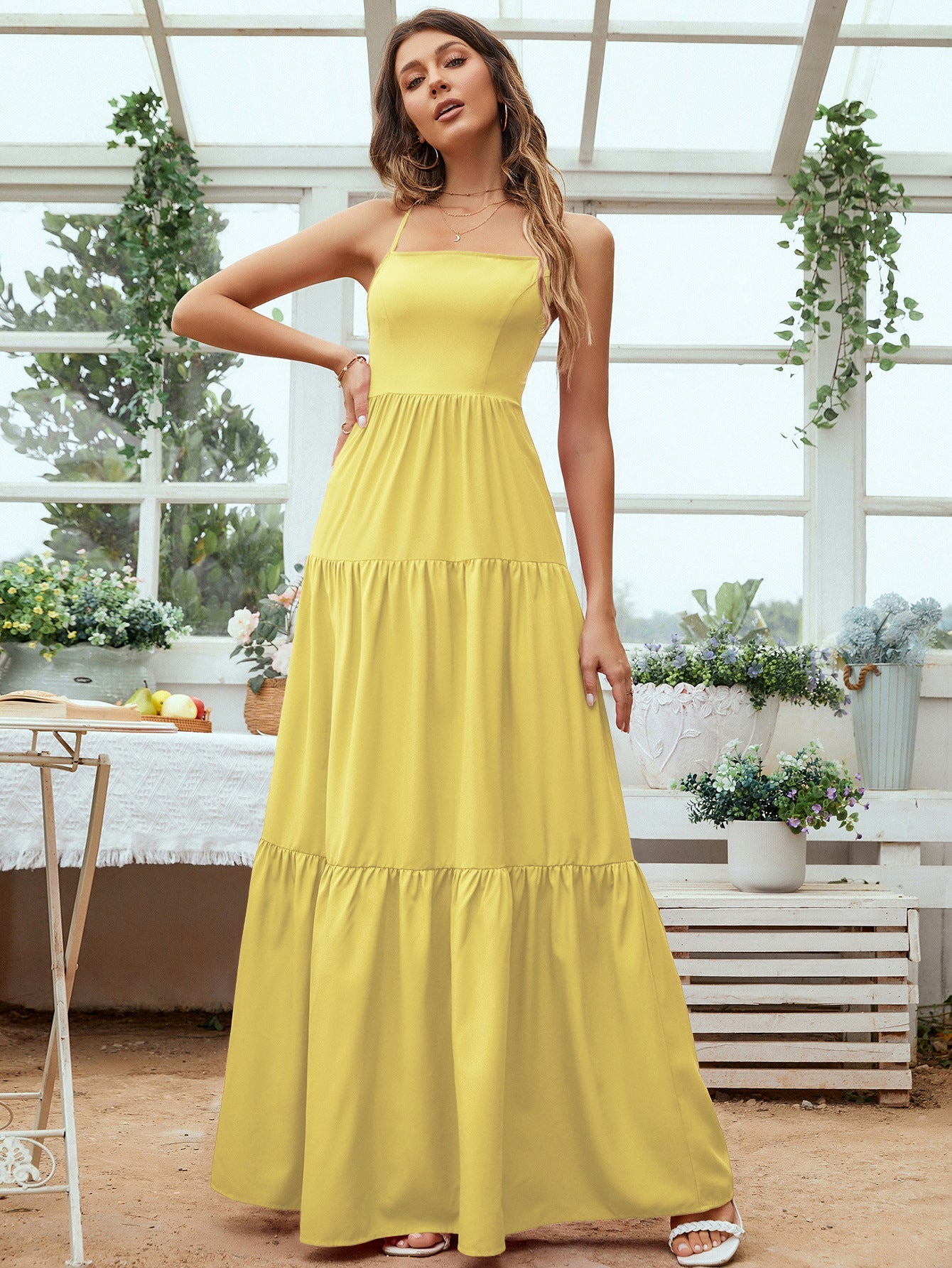 Women’s Evening Gown – Satin Look – Tiered Skirt – Backless – Spaghetti Straps