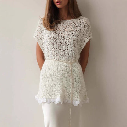 Women’s Knitted Pullover Top – Loose Fit – Lace Hem – Short Sleeve – Belted Waist
