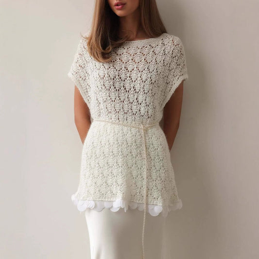 Women’s Knitted Pullover Top – Loose Fit – Lace Hem – Short Sleeve – Belted Waist