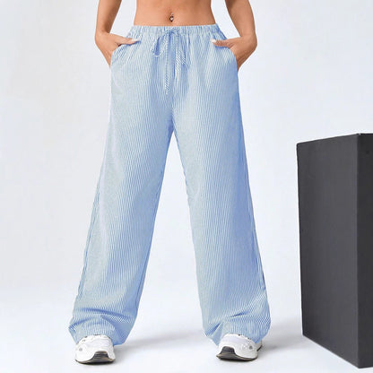 Women’s Straight-Leg Pants – Drawstring Waist – Breathable Cotton – Full Length – Striped