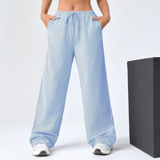 Women’s Straight-Leg Pants – Drawstring Waist – Breathable Cotton – Full Length – Striped